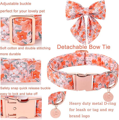 Dog Collar with Bow Tie,UP URARA PUP Orange Flower Bowtie Dog Collar, Summer Bowtie Collar for Puppy Boy Girl Dog, Comfortable Cotton Dog Collar with Metal Buckle,XS,Neck 8-12in, OrangeFlower CS