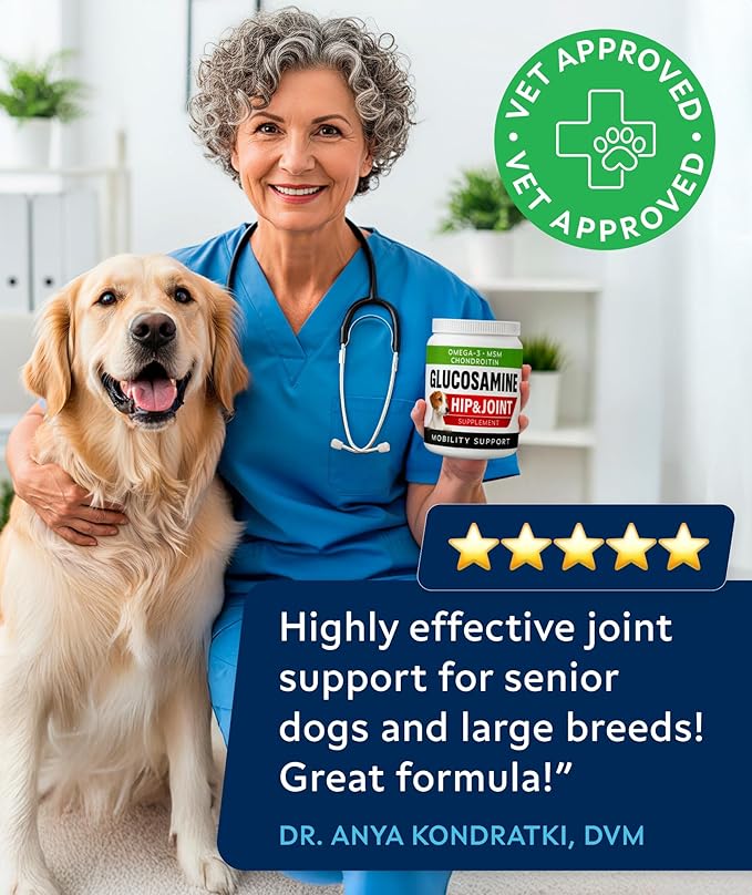 Glucosamine Treats for Dogs - Joint Supplement w/ Omega-3 Fish Oil - Chondroitin, MSM - Advanced Mobility Chews - Joint Pain Relief - Hip & Joint Care - Peanut Butter Flavor - 180 Ct - Made in USA