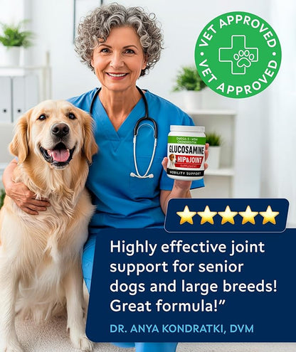 Glucosamine Treats for Dogs - Joint Supplement w/ Omega-3 Fish Oil - Chondroitin, MSM - Advanced Mobility Chews - Joint Pain Relief - Hip & Joint Care - Peanut Butter Flavor - 180 Ct - Made in USA