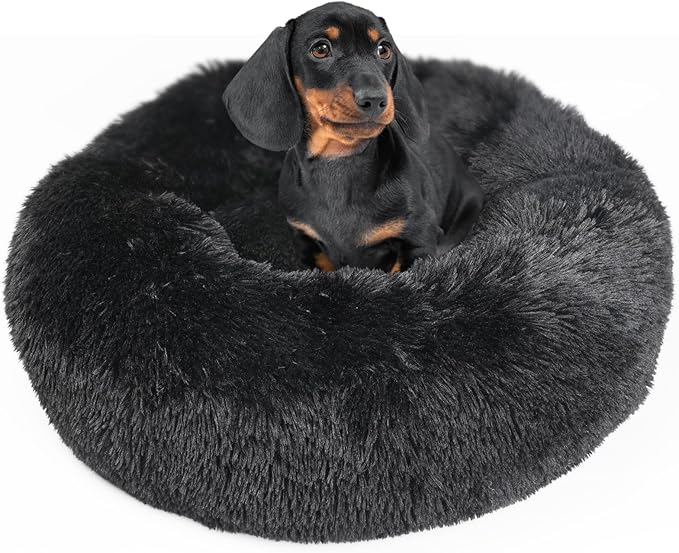 Calming Donut Dogs Beds for Small Dogs Washable,28inch Plush Round Pet Bed for Cozy Sleep,Fluffy Faux Fur Large Cat Bed,Fits up to 30 lbs Pets,Black