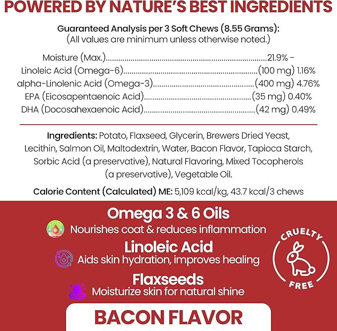 Omega for Dogs - 180 Delicious Soft Chews - Salmon Oil Treats for Skin and Coat, Itch Relief - Fish Oil Blend of Essential Fatty Acids, Omega 3, 6, and 9, and Vitamins - Smoked Bacon Flavor