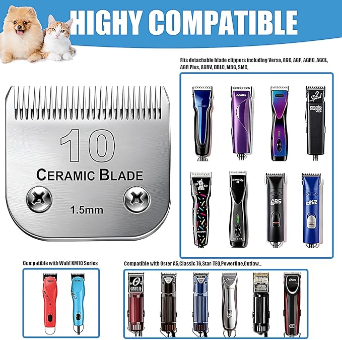 Dog Grooming Replacement Blades Compatible with Andis Dog Clipper, Dog Clipper Blades Compatible with Oster A5,Wahl KM-10 Series Dog Clipper,#10 Blades (1.5mm)