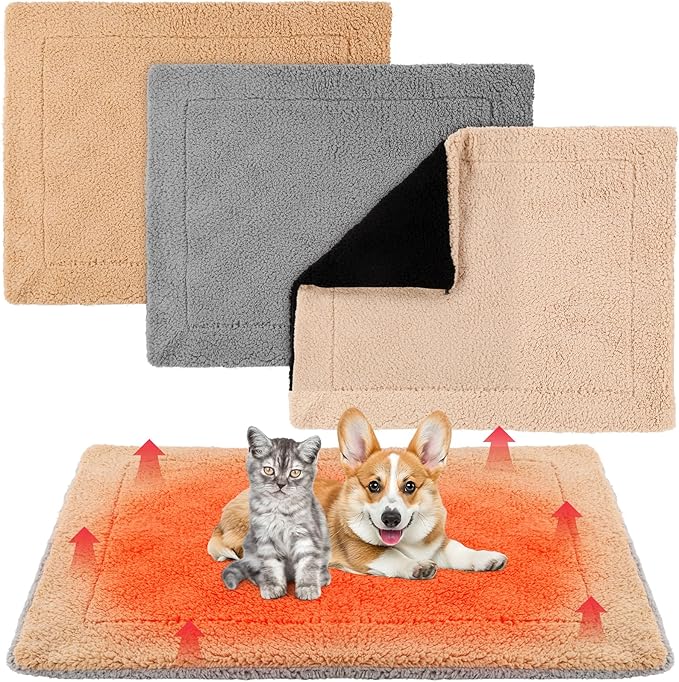 Novabright 3 Pack Self Warming Dog Bed for Large Dog 27x35 Inch Mat Self Heating Cat Reflects Body Heat Extra Warm Thermal Pet Pad Washable Cat Bed for Outdoor Indoor Kittens Puppy(Black/Gray/Khaki)