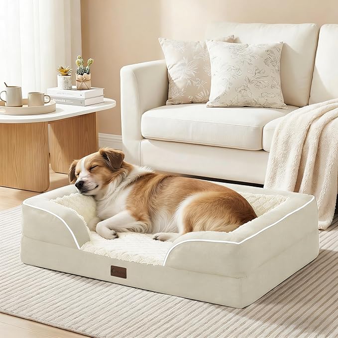 Casa Paw Orthopedic XL Dog Beds, Waterproof Memory Foam Big Pet Bed for Extra Large Sized Dogs 45x35Inch, Non-Slip Bottom and Egg-Crate Foam Dog Couch Bed with Washable Removable Cover, Beige