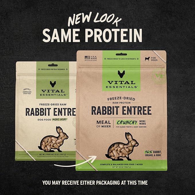 Vital Essentials Freeze-Dried Raw Dog Food, Rabbit Crunchy Mini Nibs | Complete Meal or Mixer | High Protein Dog Food | 25 oz