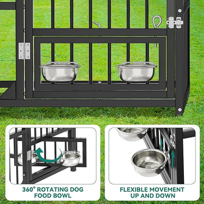 YITAHOME Outdoor Dog Enclosure with Rotating Feeder Bowls, 4'L x 4'W x 5'H Outside Dog Kennel with Roof, Heavy Duty Dog Cage for Small Medium Dogs