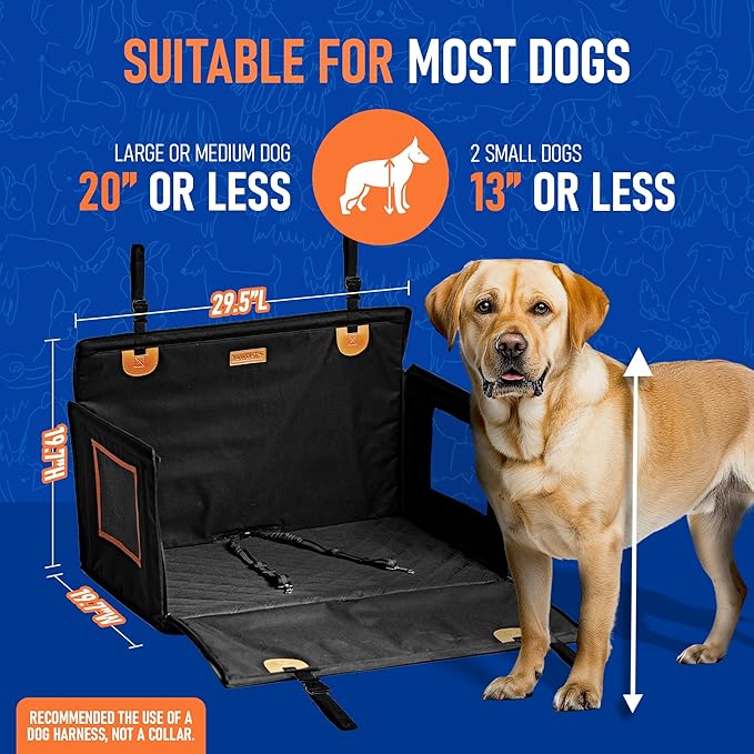 Large Dog Car Seat Medium Sized Dog or 2 Small Dogs. Hard Bottom, Dual Adjustable Seat Belt Leash, Waterproof, Breathable Mesh Sides. Back Seat Pet Cover for Dogs 29.5"X19.7"X19.7"