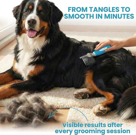 Poodle Dematting Fur Rake Comb Brush for Dogs and Cats - Long 2.5" Steel Safety Blades Metal Comb for Detangling Matted or Knotted Undercoat Hair