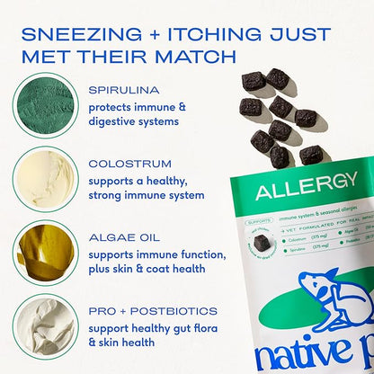Native Pet Dog Allergy Chews - Dog Allergy Relief with Probiotics and Colostrum for Itchy Skin Relief to Support Seasonal Allergy and Healthy Immune System - All Natural Anti-Histamine - 30 Chews