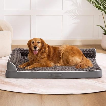 Dog Bed Large Sized Dogs, XL Orthopedic Dog Bed for Large Dogs, Waterproof Pet Bed with Washable Removable Cover, L-Shaped Pet Couch with Portable Handle 42"x30"x7.5", Dark Grey