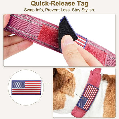 KCUCOP Tactical Dog Collar for Medium & Large Dogs - Military Nylon Heavy Duty Collar with Handle, Reflective Strip & Metal Buckle for Training (Pink Reflective, XL)