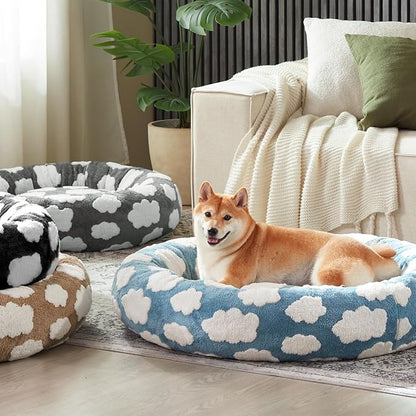 JOEJOY Donut Large Dog Bed, Cute Round Calming Dog Bed with Removable Washable Cover, Orthopedic Pet Beds with Jacquard Shaggy Plush & Non Skid Bottom, Black