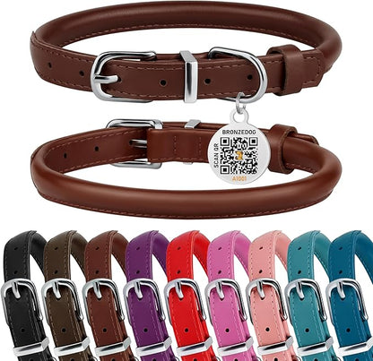 BRONZEDOG Rolled Leather Dog Collar for Small Medium Large Dogs with QR ID Tag (M: 14-16 Inch, Chocolate Brown)
