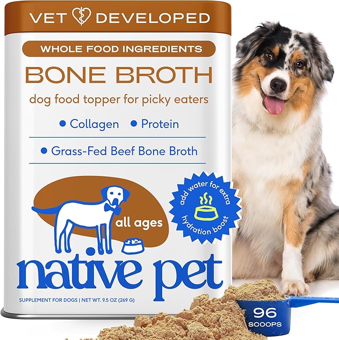 Native Pet Bone Broth for Dogs and Cats - Made with Real Beef Bone Broth, Dog Food Toppers for Picky Eaters - Provides Extra Hydration & Nutrition for Joint Strength, Immunity & Heart Health-96 Scoops