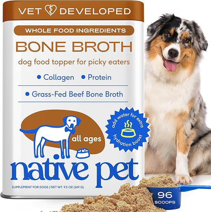 Native Pet Bone Broth for Dogs and Cats - Made with Real Beef Bone Broth, Dog Food Toppers for Picky Eaters - Provides Extra Hydration & Nutrition for Joint Strength, Immunity & Heart Health-96 Scoops