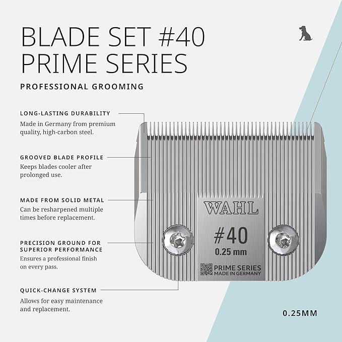 Wahl Pro Animal Prime Series Blades - Professional Fine Tooth Pet Clipper for Horse, Cat & Dog Grooming - Made from High-Carbon Steel - #40, 0.25mm