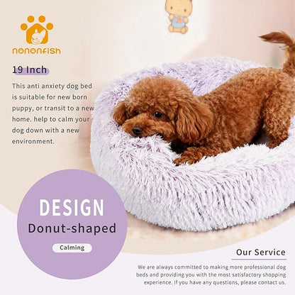 Calming Donut Dogs Beds for Small Dogs Washable,19inch Fluffy Round Puppy Bed for Puppies,Cats & Toy Breeds with Raised Rim,Fits up to 15 lbs Pets,Gradient Purple