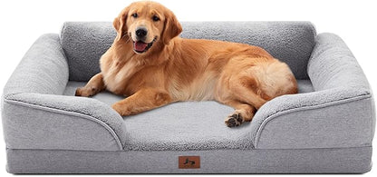 Warmrest XL Orthopedic Dog Beds for Large Dogs, Waterproof Egg-Crate Foam Pet Couch Bed with Soft Sides, Non-Slip Dog Sofa with Fleece Removable Washable Cover, 42" L Supportive Pet Sofa, Light Grey