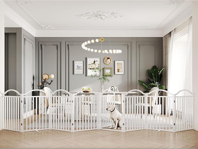 BHG Metal No-Assembly Freestanding Dog Gate with Door Walk Through, Extra Wide 96", Extra Tall 32" Pet Gate, Accordion Puppy Folding Playpen Dog Fence, with 4PCS Support (White, 8 Panels)