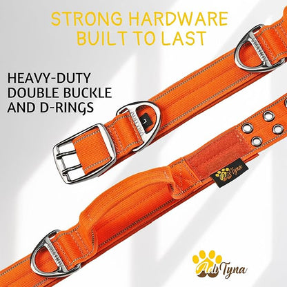 ADITYNA Heavy Duty Dog Collar for Large Dogs - Reflective Orange Collar with Handle for Training, and Walking - Wide, Thick, Tactical, Soft Neoprene Padded