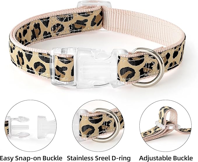Mile High Life Leopard Dog Harness Collar Leash Set, Adjustable No Pull Dog Halter Harness for Small Breed Dogs, Easy Control for Training Walking (Beige, S Chest 11"-18", Neck 10"-14")