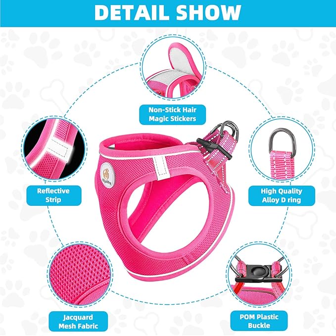 Hipubby Dog Harness and Leash Set, No Pull Soft Mesh Puppy Harness for Small Medium Dogs, Cats - Step in Reflective Breathable Lightweight Vest Harness for Walking, Training - Rose Red, S