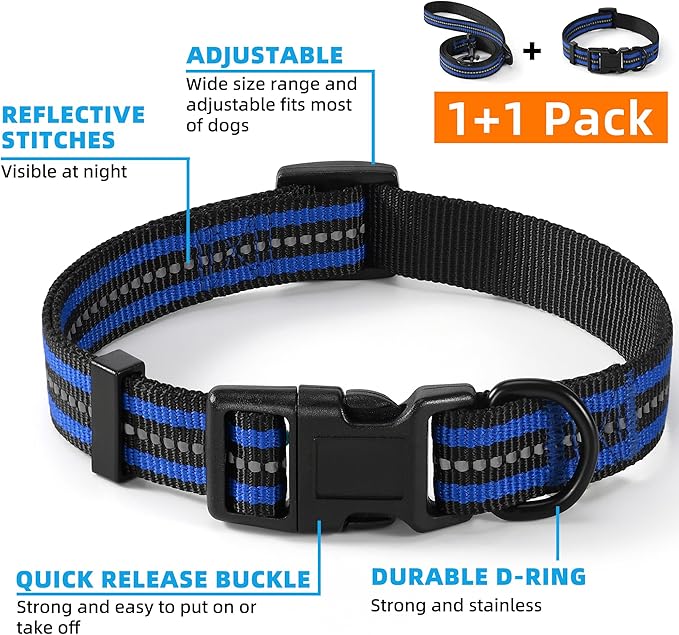 Mile High Life Reflective Dog Collar Leash Set | Adjustable for Small and Medium Dogs (Reflective Stripe Blue, Medium, Pack of 2)