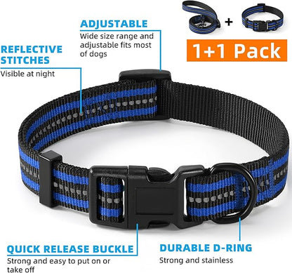 Mile High Life | Reflective Small Medium Dog Collar Leash Set, Adjustable Collar Leash Set (Reflective Stripe Limegreen, Medium (Pack of 2))
