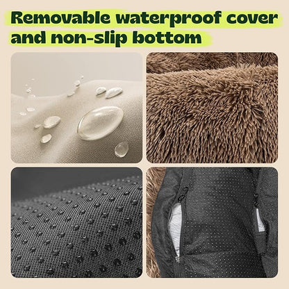 Extra Large Orthopedic Dog Bed Waterproof Removable Cover for Calming Donut Dog Bed Washable,Cooling Gel Foam Round Anxiety Plush Sherpa Covers Comfort for Old Fluffy Friends 48 Inch,Camel