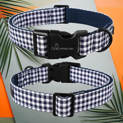 ARING PET Dog Collar, Cute Adjustable Comfortable Cotton Navy White Plaid Pet Collars for Small Medium Large Male Female Boy Girl Dogs-Small