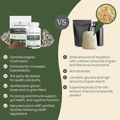 Real Mushrooms Turkey Tail Mushroom Powder – Organic Turkey Tail Extract from – for Wellness, Gut Harmony, & Energy Support – Vegan, Non-GMO, No Fillers – 100 Servings Functional Mushroom Supplement