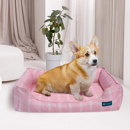 Pupstilo Orthopedic Bolster Dog Bed – CertiPUR-US Foam, Recycled Polyester Canvas, Washable Cover, Anti-Slip Bottom, Small, Pink Check – Stylish Designer Dog Sofa
