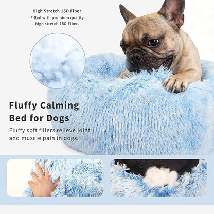 Calming Donut Dogs Beds for Small Dogs Washable,23inch Plush Round Pet Bed for Cozy Sleep,Fluffy Faux Fur Large Cat Bed,Fits up to 25 lbs Pets,Gradient Blue
