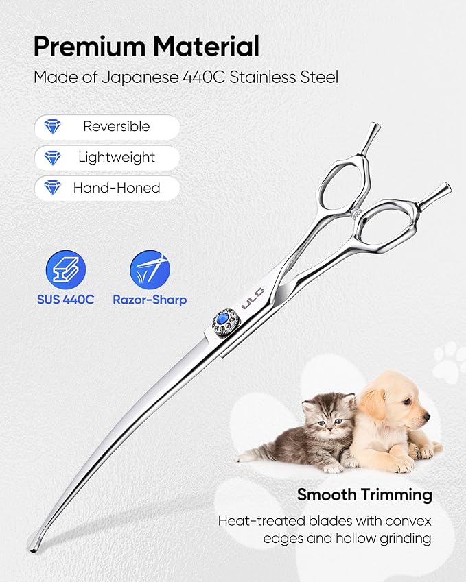 ULG Curved Dog Shears for Grooming, 7.0" Professional Curved Dog Grooming Scissors for Trimming and Cutting, 440C Stainless Steel Pet Hair Scissors