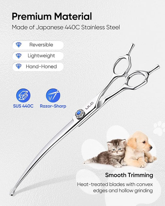 ULG Curved Dog Shears for Grooming, 7.0" Professional Curved Dog Grooming Scissors for Trimming and Cutting, 440C Stainless Steel Pet Hair Scissors