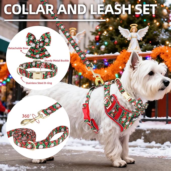 PUPTECK Christmas Dog Harness Collar and Leash Set with Gift Box, No Pull Soft Light Pet Harness, Reflective Adjustable Puppy Vest, for Small Sized Dogs Cats Walks, Red&Green S