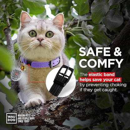 Leather Cat Collar with Bell and Safety Elastic Strap Breakaway Alternative for Small & Large Kittens, Stylish Pet Leather Collar for Boy, Girl Cats with Metal Buckle & QR ID Tag (Purple)