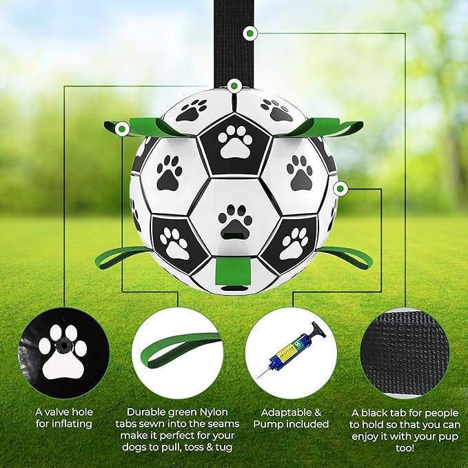 Dog Toys (8 Inch) Large World Cup Soccer Ball with Straps, Iterative Dog Toys for Tug of War, Yard Game, Dog Water Toy, Puppy Birthday Gifts, Durable Indoor & Outdoor Dog Balls for Small & Medium Dogs