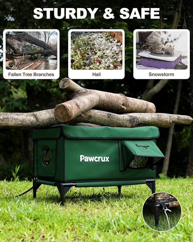 Weatherproof Heated Cat House for Outdoor in Winter, Heated Cat Bed Kitty Shelter with Cat Heating Pad, Insulated & Safe Escape Door, Warm House for Outside Stray Cat (Green, 17.6"x25.5"x17.9")
