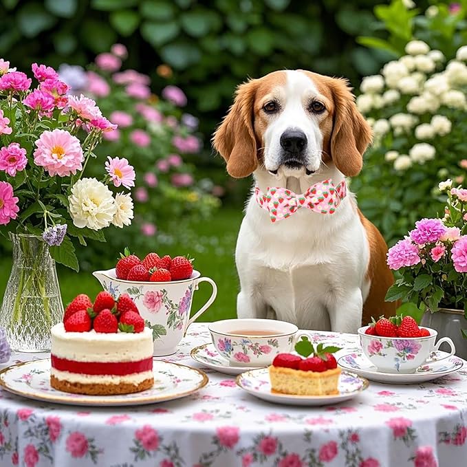 Cute Strawberry Dog Collar with Bow Tie - Adjustable Spring-Summer Pink Bowtie Collar Breathable Comfort Dog Collars for Small Medium Large Dogs L