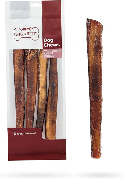 GigaBite Single Ingredient All Natural Free Range Bully Treats and Chews - Bully Sticks/Bladder Sticks/Beef Esophagus by Best Pet Supplies - Bully Sticks (Monstrous 12"), Pack of 4