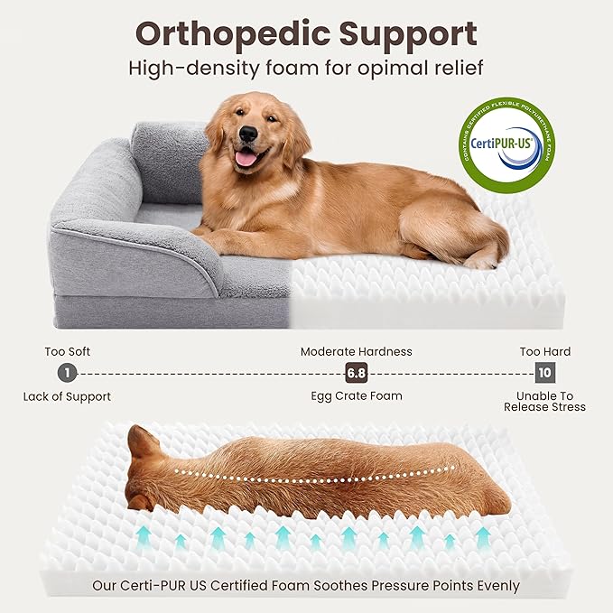 Warmrest Orthopedic Dog Beds for Medium Size Dogs, Waterproof Egg-Crate Foam Pet Couch Bed with Soft Sides, Non-Slip Dog Sofa with Fleece Removable Washable Cover, 28"L Supportive Pet Sofa, Light Grey