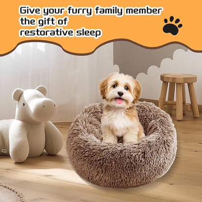Comfort Donut Dog Bed for Small Dogs, Cat Bed & Pet Bed for Indoor Use, Medium Size with Soft Plush, Round Dog Beds for Large Dogs and Cats (Light Brown, 20''Lx20''Wx8''Th)