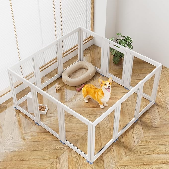 Clear Acrylic Dog Playpen Transparent Dog Playpen Indoor, Easy Assemble Clear Pet Pen for Puppy Bunny Cat Pig, Sturdy & Easy Cleaning Plastic Dog Puppy Fence