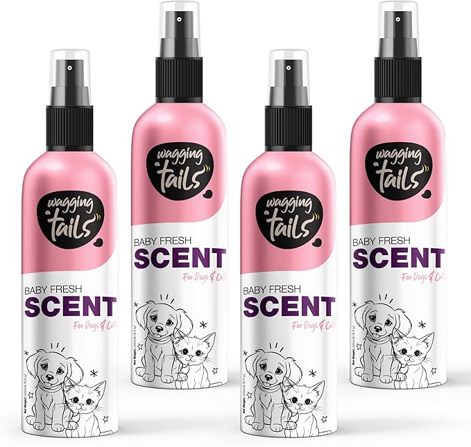 Wagging Tails 5-in-1 Baby Fresh Scent for Dogs & Cats, 6.7 fl oz (Pack of 4) | Alcohol-Free Pet Spray | Sensitive Skin Friendly & Deep Moisture Formula | Long-Lasting Scent, Non-Toxic | For All Breeds