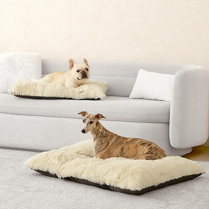 EHEYCIGA Fluffy Dog Crate Bed for Small Dogs, Plush Faux Fur Crate Pad, Calming Anti Anxiety Small Dog Bed, Washable Soft Warm Mat with Non-Slip Bottom, Ivory Beige