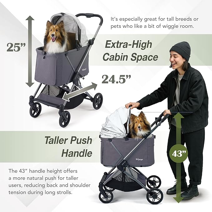ibiyaya Maxi Deep Carriage Pet Stroller for Cats and Small Dogs – Flat-Free Rubber Wheels, One-Hand Fold, Extra-Tall Cabin (Twin Gray)