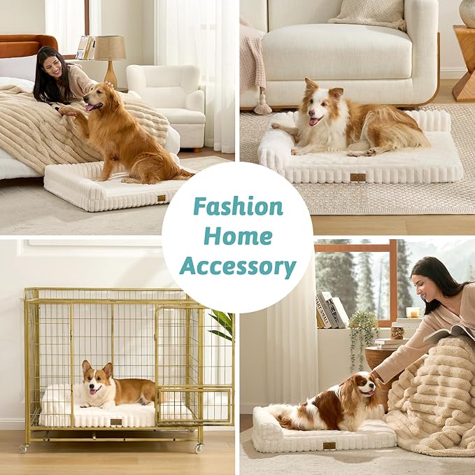 Cute Dog Bed, Faux Rabbit Fur Orthopedic Foam Dog Bed with Sides, Removable Washable Cover & Waterproof Lining, Comfortable Pet Couch for Large Dogs, Cream (44" L x 32" W x 7" Th)