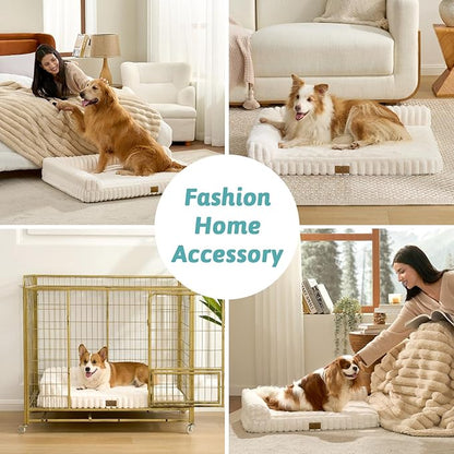 Cute Dog Bed, Faux Rabbit Fur Orthopedic Foam Dog Bed with Sides, Removable Washable Cover & Waterproof Lining, Comfortable Pet Couch for Large Dogs, Cream (44" L x 32" W x 7" Th)