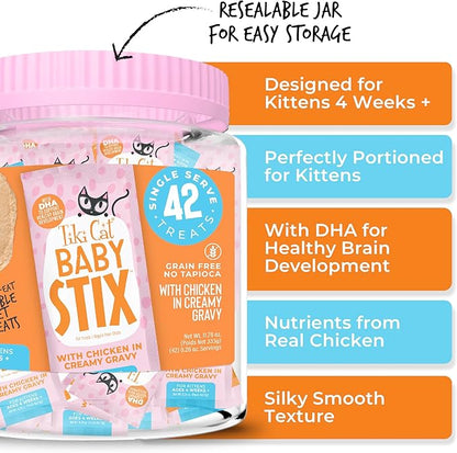 Tiki Cat Baby Stix Wet Cat Treats, Chicken in Creamy Gravy, 0.28 oz. Sachets (42 Count Jar)